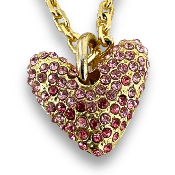 Pink Rhinestone Heart Pendant Fashion Necklace Open Design 3D Gold Plated - Picture 1 of 6